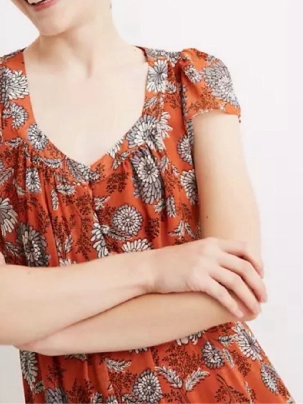 NWT Madewell Floral Chiffon Midi Dress Scoop Neck Short Sleeve Buttons Zip Sz 14 - Picture 3 of 11